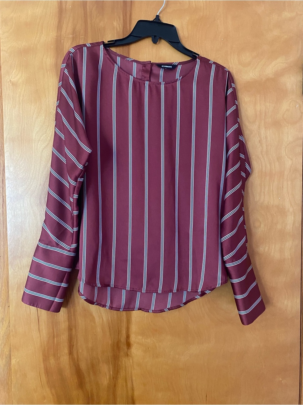 Express Burgundy and White Striped Long-Sleeve Blouse